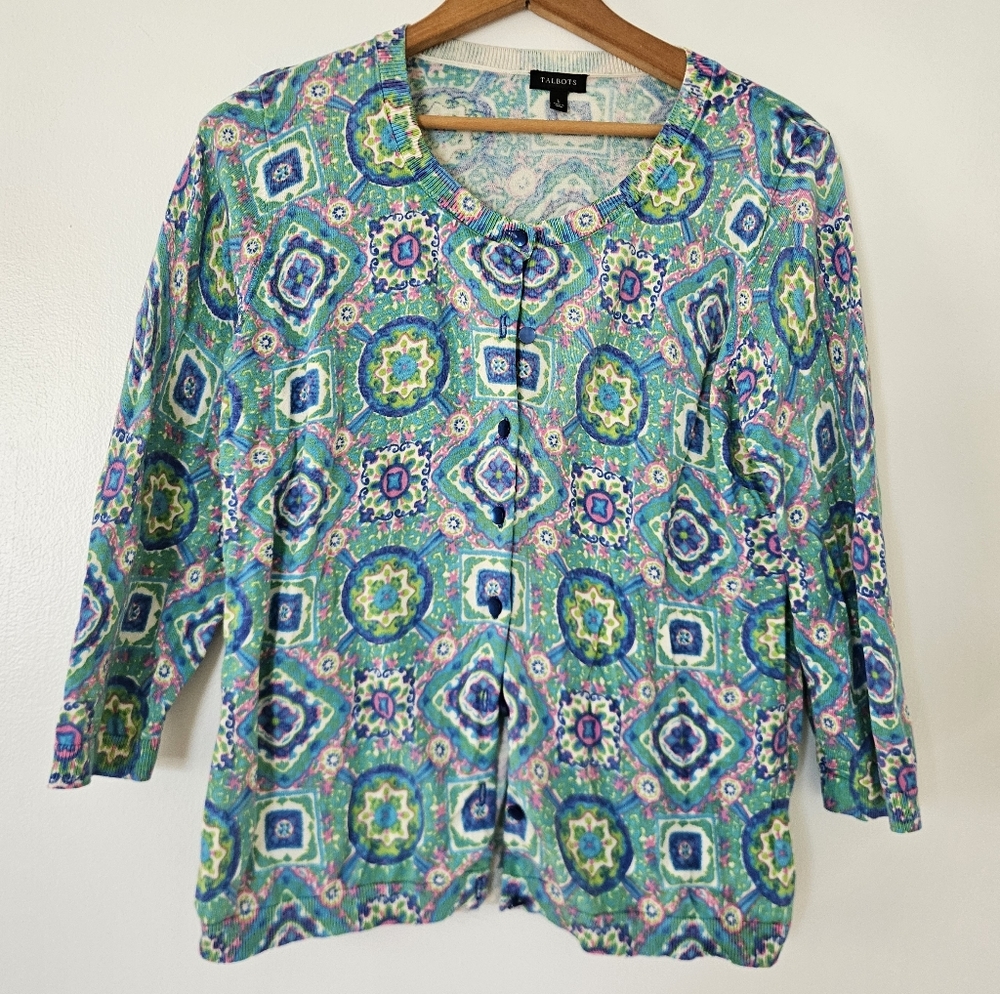 Talbots Womens Cardigan Sweater L Colorful Geometric Preppy Resort Lightweight